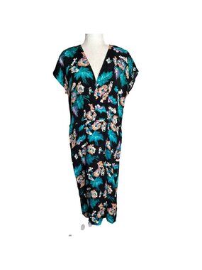 Vintage 80s Warren Z Faux Wrap Midi Dress Large Black Floral Cap Sleeve V Neck